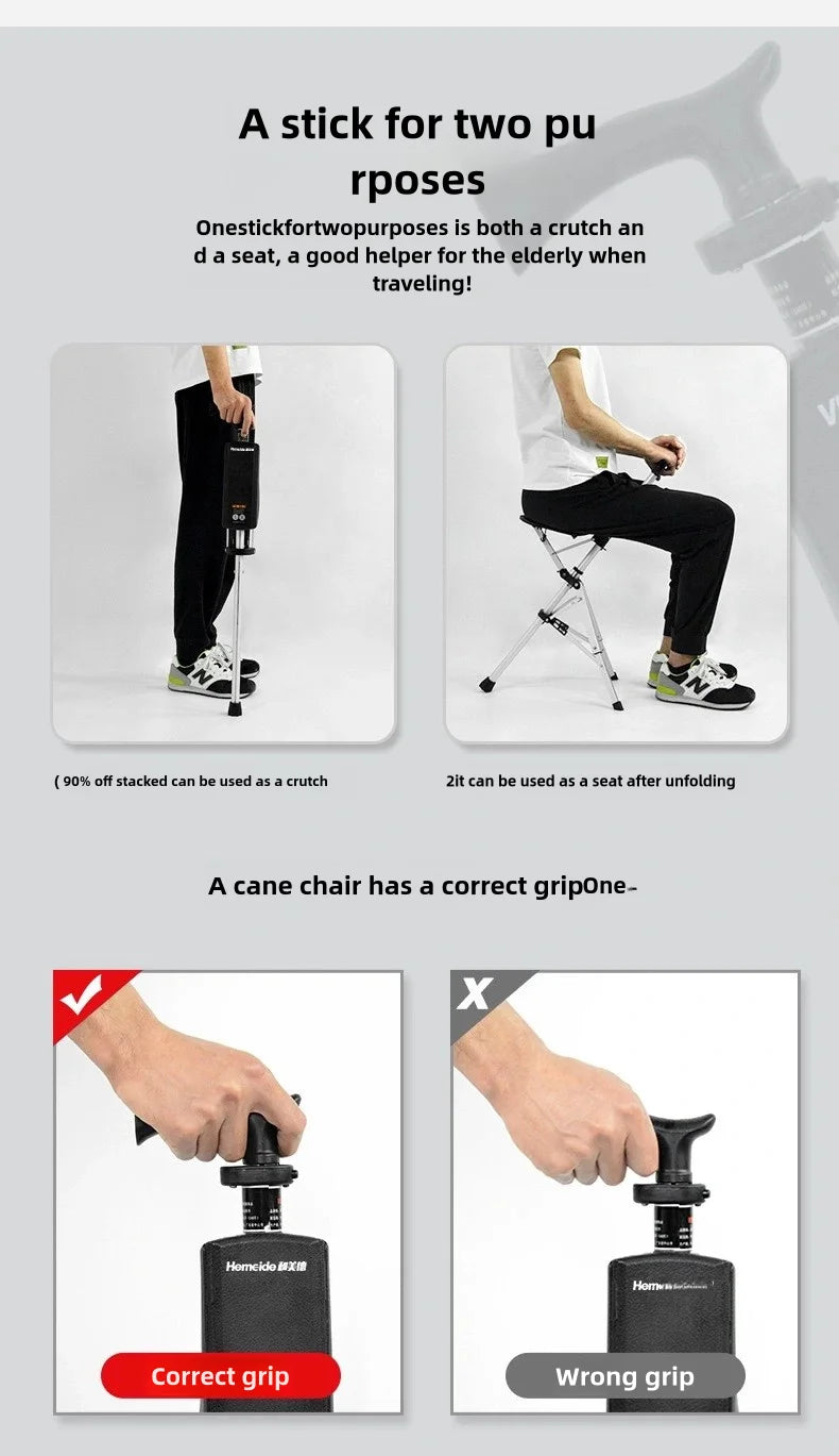A 2-in-1 portable folding cane and chair combination that can be quickly folded and unfolded, equipped with a seat and three leg