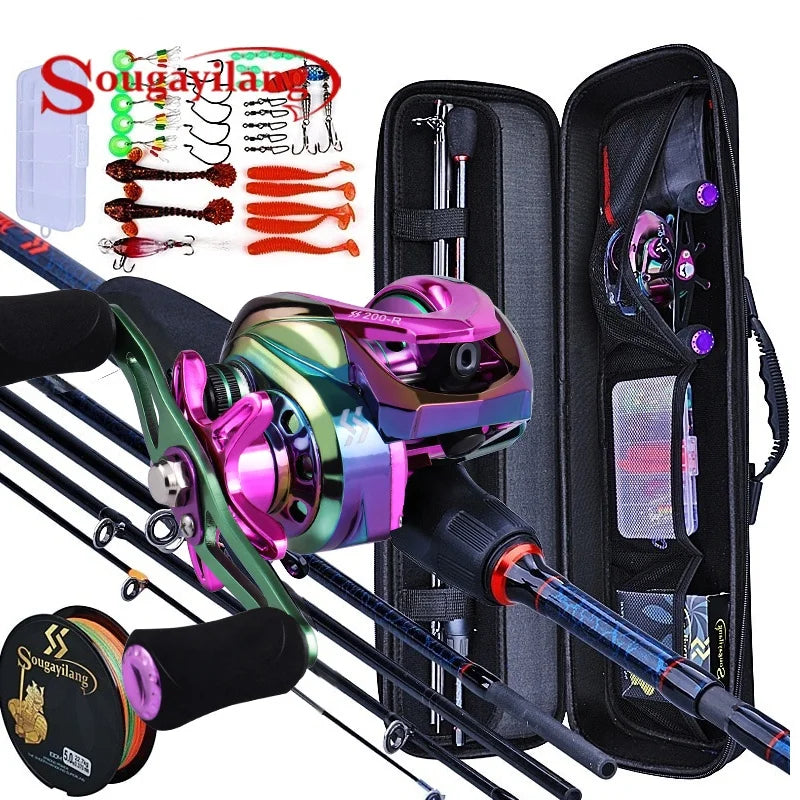 Sougayilang 5-Section Carbon Travel Fishing Rod & Baitcasting Reel | Full Kit + Carrier Bag