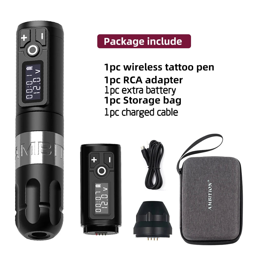 Ambition Soldier Wireless Tattoo Machine Rotaty Battery Pen 2400mAh LED Digital Display For Body Artwith Portable Power Pack