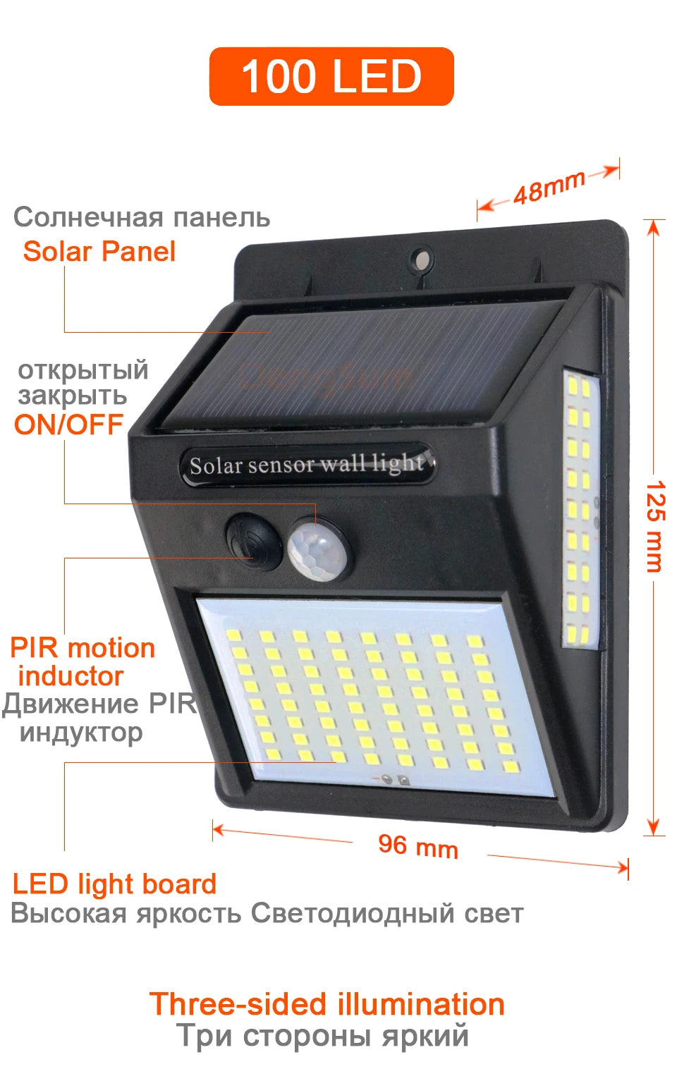 Luz Solar 100 LED con Sensor de Movimiento PIR | 3 Lados | IP65 | Jardín y Pared 💡 - Firu Total Sales