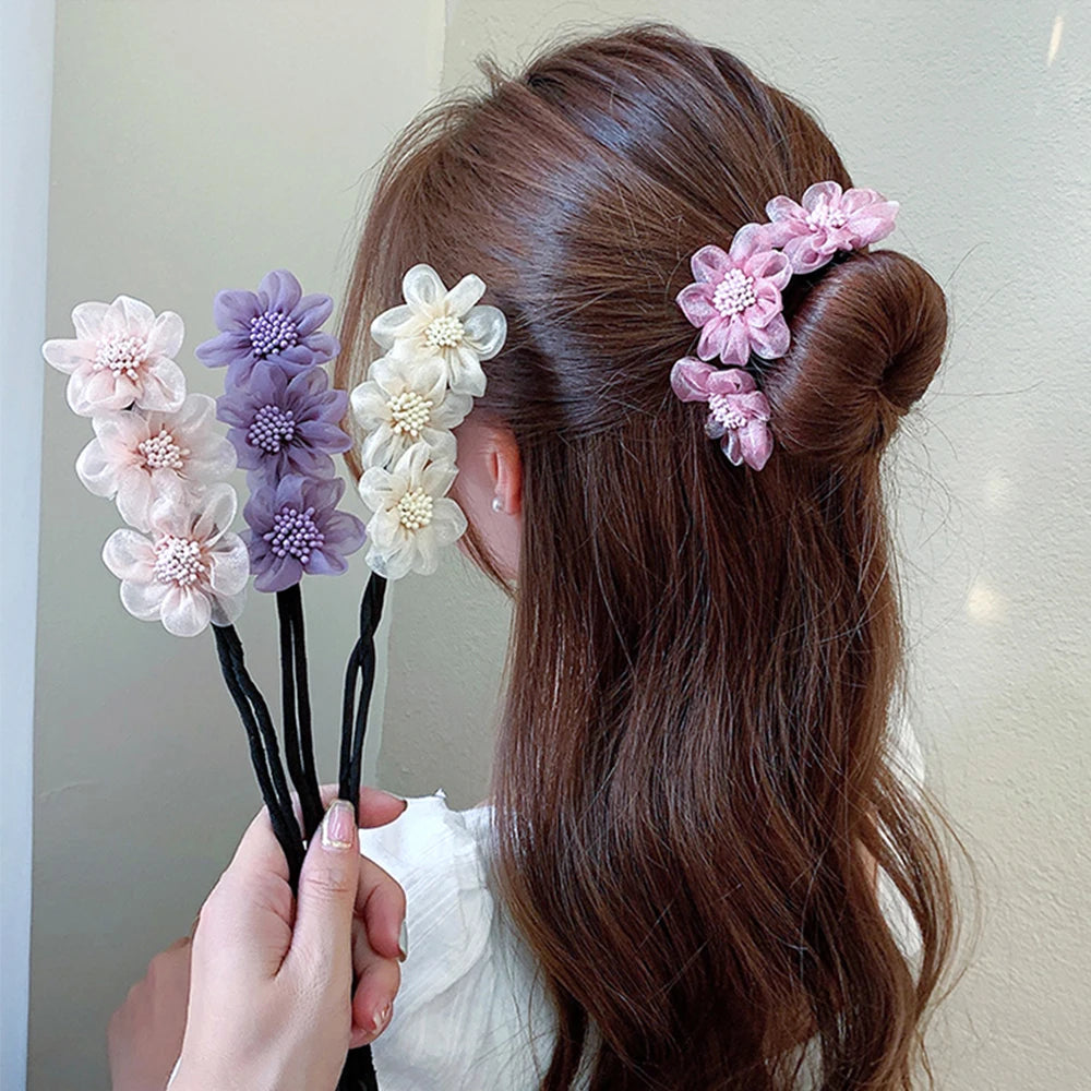 New Women Elegant Bud Chiffon Flowers Bun Maruko Hairstyles Making Long Tools Sweet Headband Hairbands Fashion Hair Accessories
