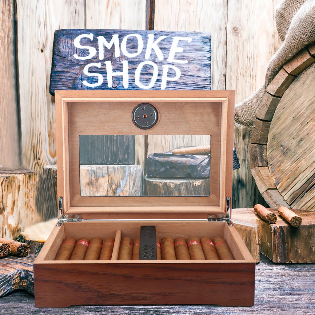 Xifei Cigar Humidor Box W/ Hygrometer Humidifier Portable Smoking  Accessories Glass Window Cigarette Cedar Wood Case