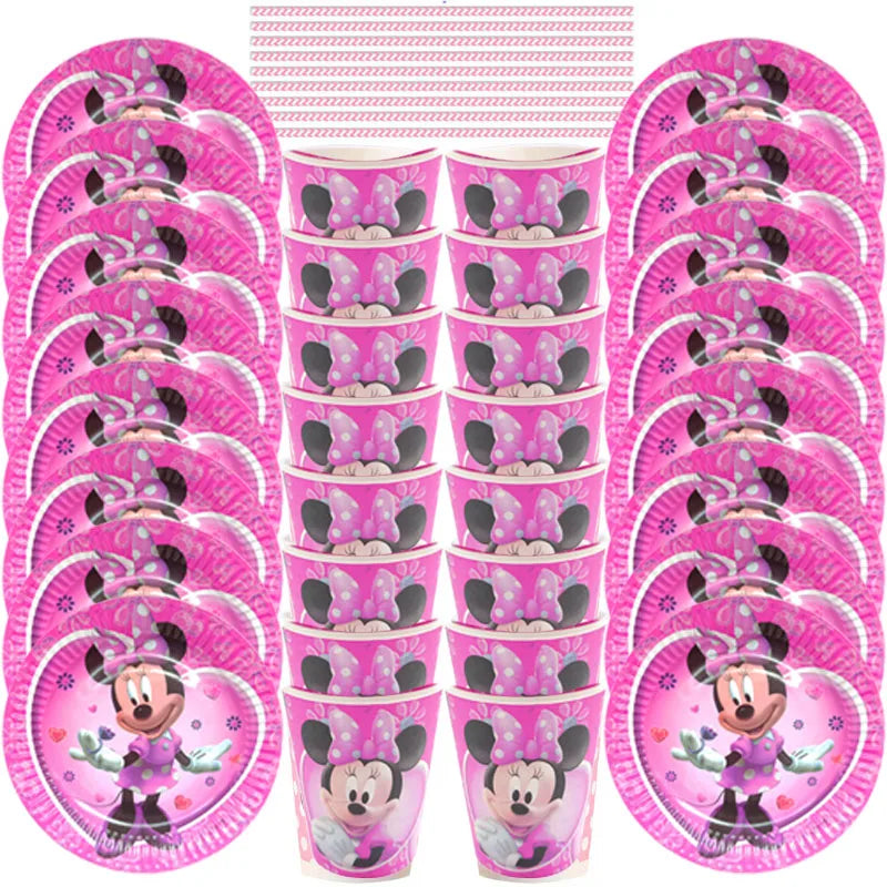 57pcs/Disney Pink Wave Minnie Mouse Theme Party Supplies Cups Plates Straw Kids Girls Baby Shower Birthday Party Decorations Set