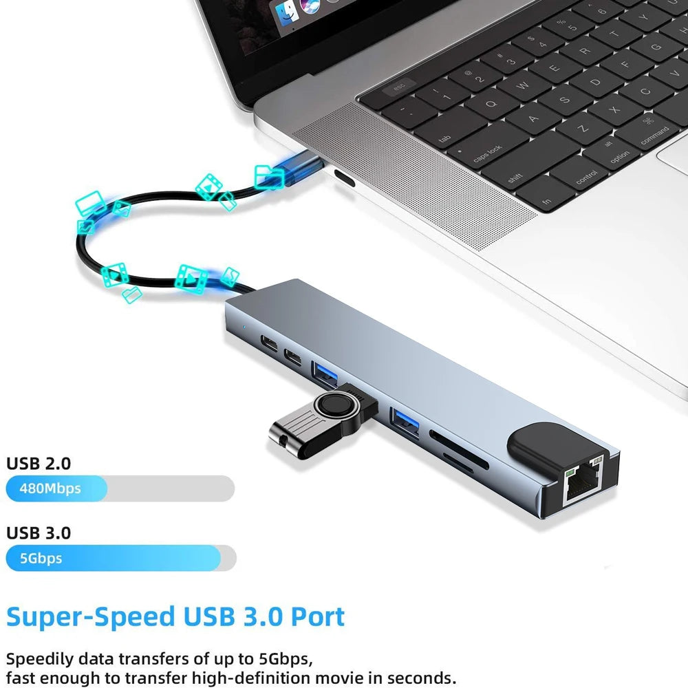 Hub USB-C 8 en 1 FEIWIMI | HDMI 4K 30Hz | RJ45 100Mbps | VGA | PD 100W | Docking Station - Firu Total Sales