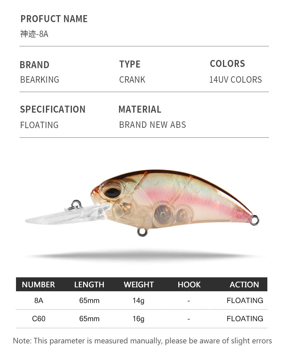 2017 New hot Excellent Bearking hot professional quality crank bait good fishing lures 65mm,14g crank.dive 2m,pike bass fishing