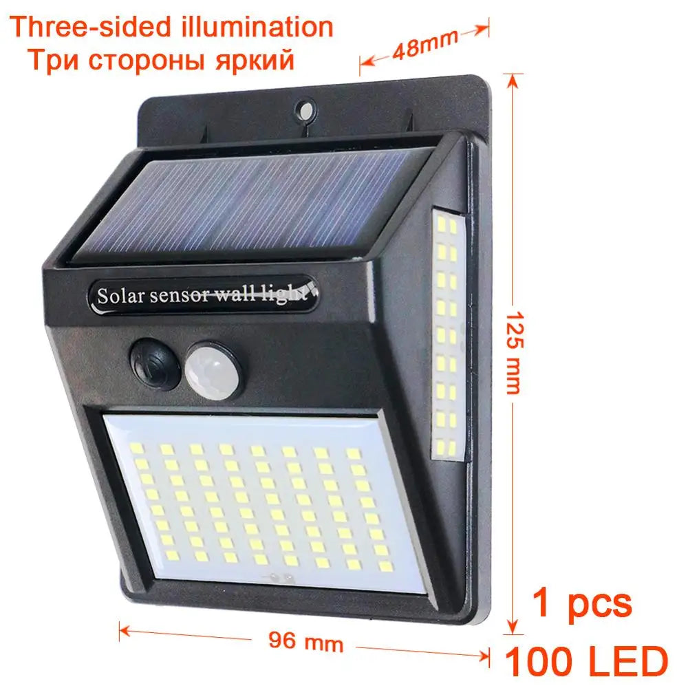 Luz Solar 100 LED con Sensor de Movimiento PIR | 3 Lados | IP65 | Jardín y Pared 💡 - Firu Total Sales