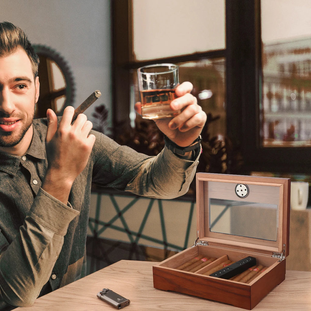 Xifei Cigar Humidor Box W/ Hygrometer Humidifier Portable Smoking  Accessories Glass Window Cigarette Cedar Wood Case