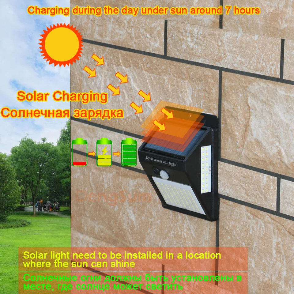 Luz Solar 100 LED con Sensor de Movimiento PIR | 3 Lados | IP65 | Jardín y Pared 💡 - Firu Total Sales