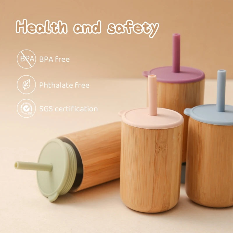 Vasos de Bambú y Madera para Bebé | Pitillo Silicona | Antiderrame | Ecológico 🍼