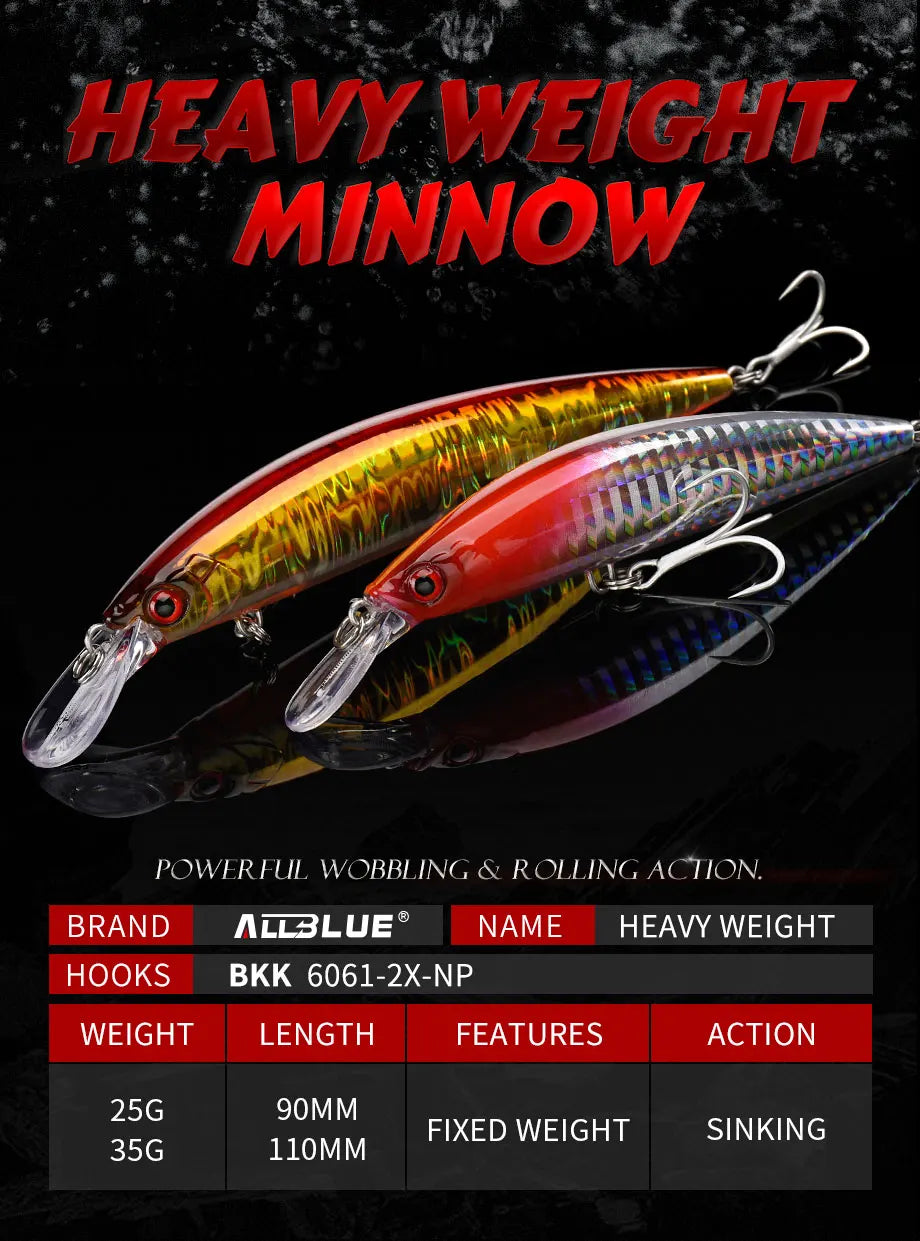 ALLBLUE Minnow Pesado Hundimiento | 90/110mm | 25g/35g | Jerkbait Longcast | Bass y Lubina | Agua Salada - Firu Total Sales