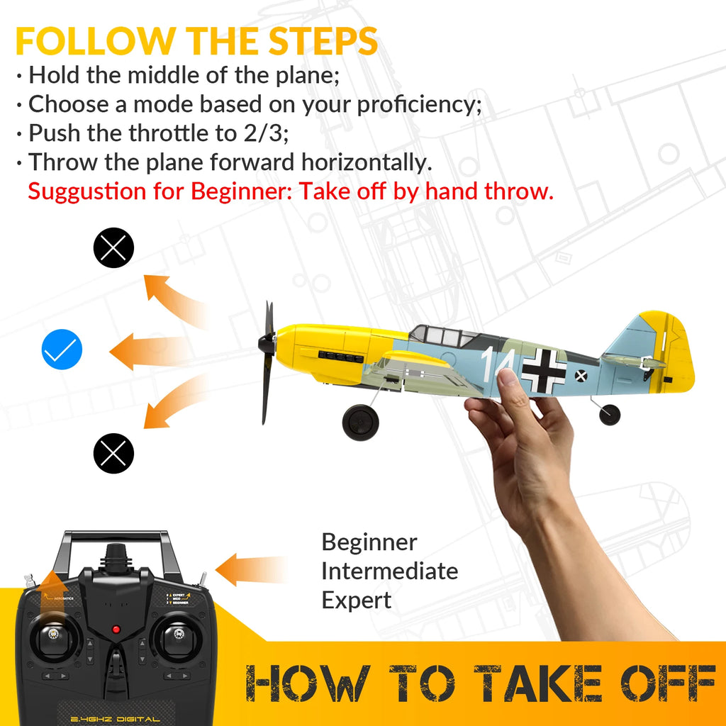 VOLANTEXRC Avión RC BF109 | 4 Canales | RTF | Alerón y Giroscopio | Acrobacias | 3 Modos | Fácil para Principiantes