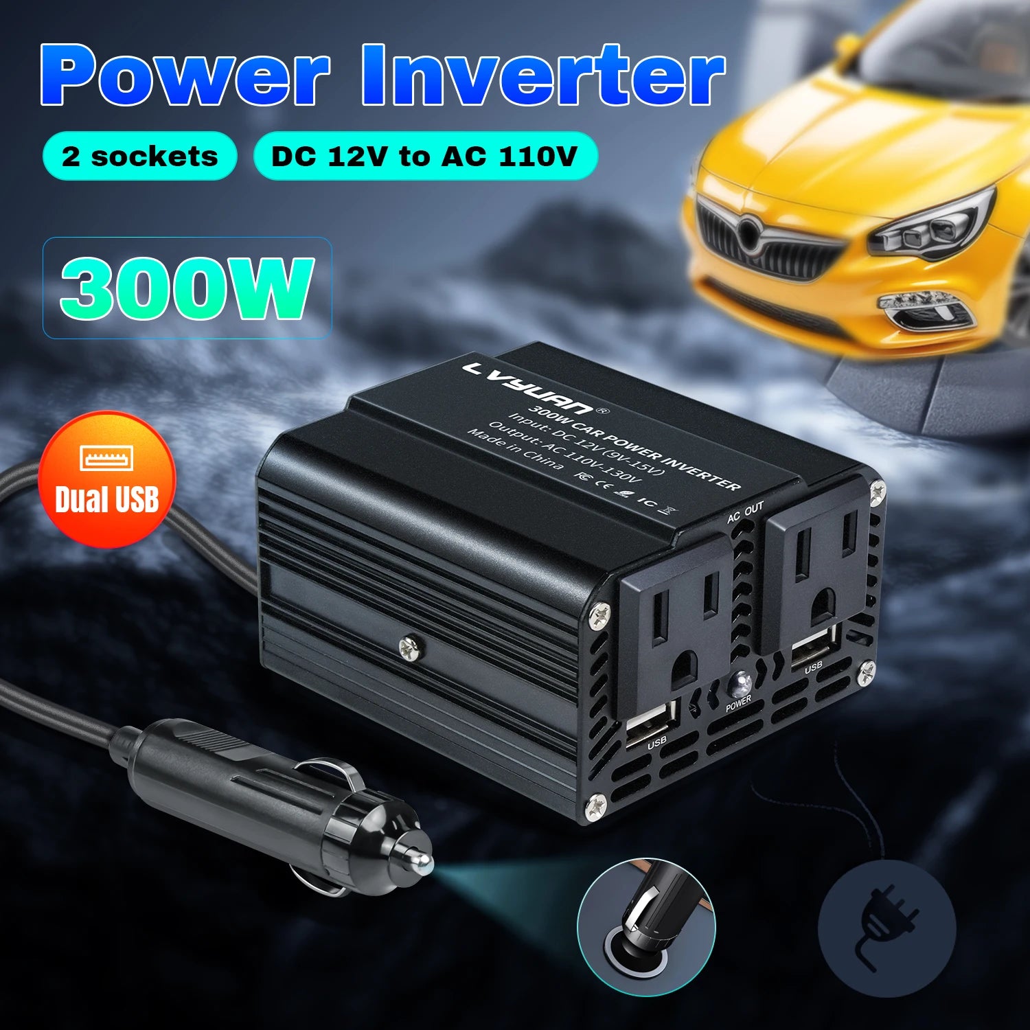 Inversor de Corriente Foval 300W | DC 12V a AC 110V/220V | Dual USB | Cargador Coche | Enchufe EU/US - Firu Total Sales