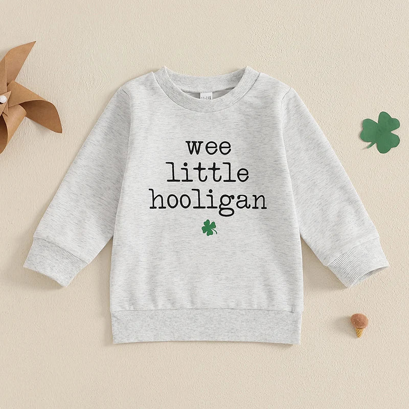 Irish Shamrock Print Hoodie Sweatshirt for Kids St Patrick s Day Green Pullover Top with Crew Neck Casual Spring Outfit for