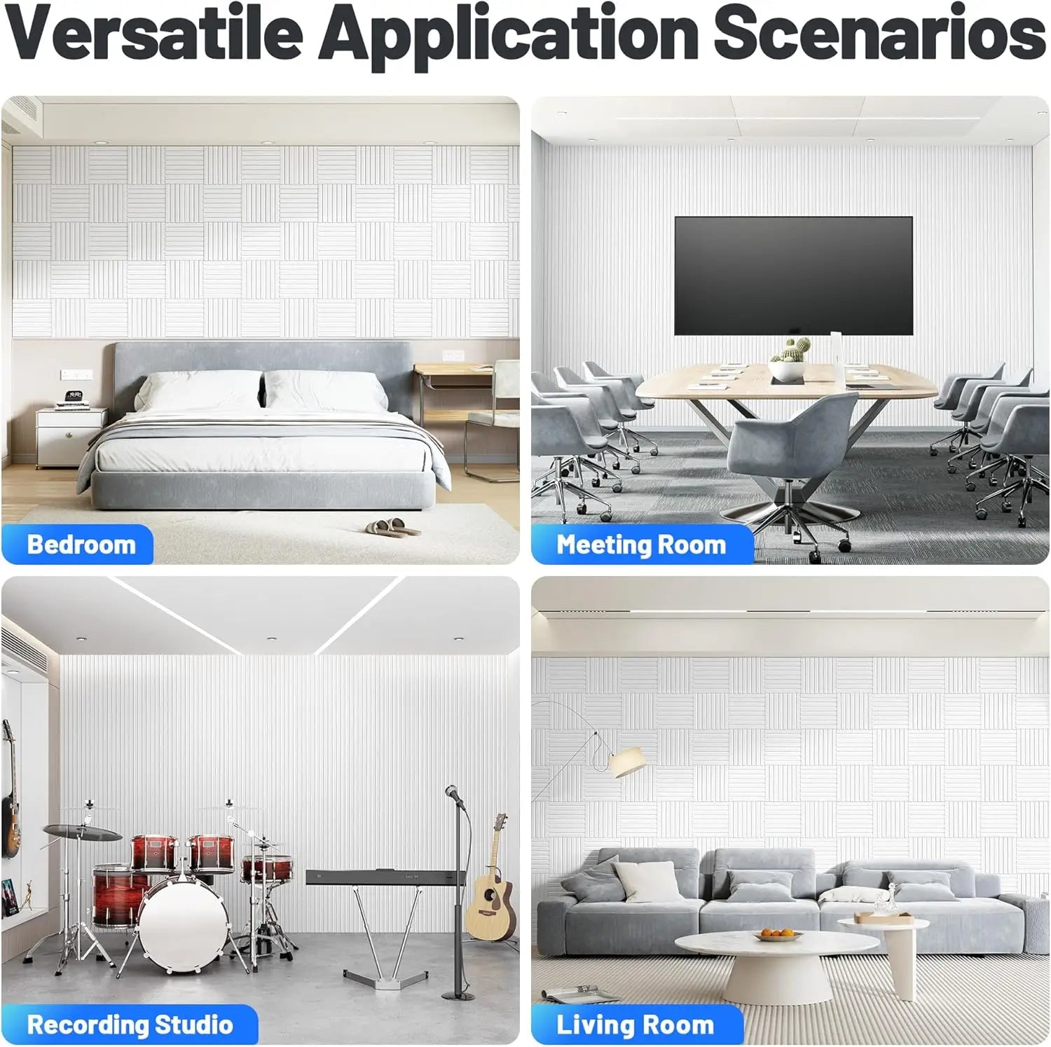 20 Pack Self-Adhesive Acoustic Foam Panels, 12x12x0.4 Inch Slatted Soundproof Wall Tiles for Studio Decor - White