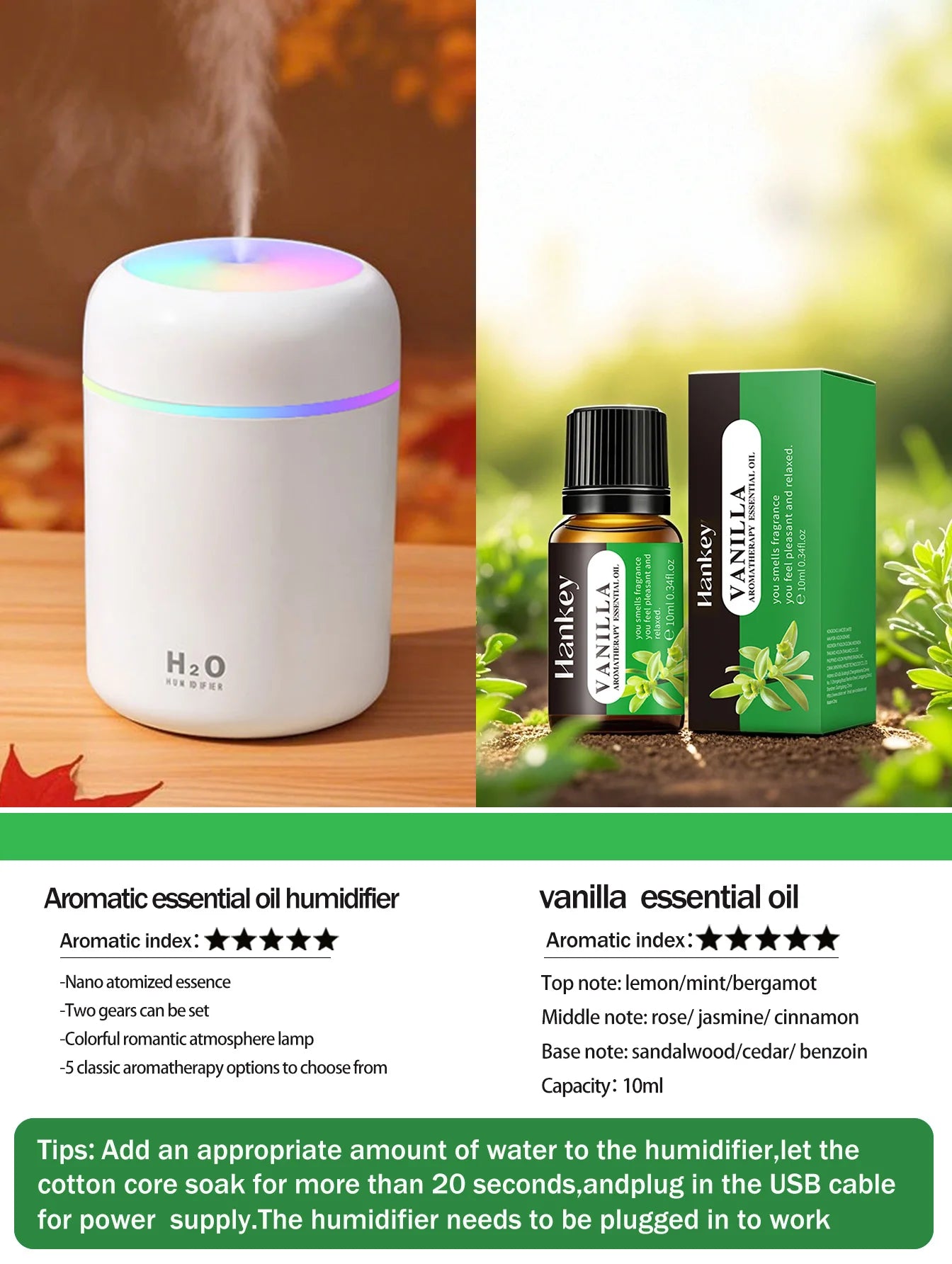 Difusor Aromaterapia 300ML | Purificador de Aire | Luz 7 Colores | Auto y Hogar 🌿