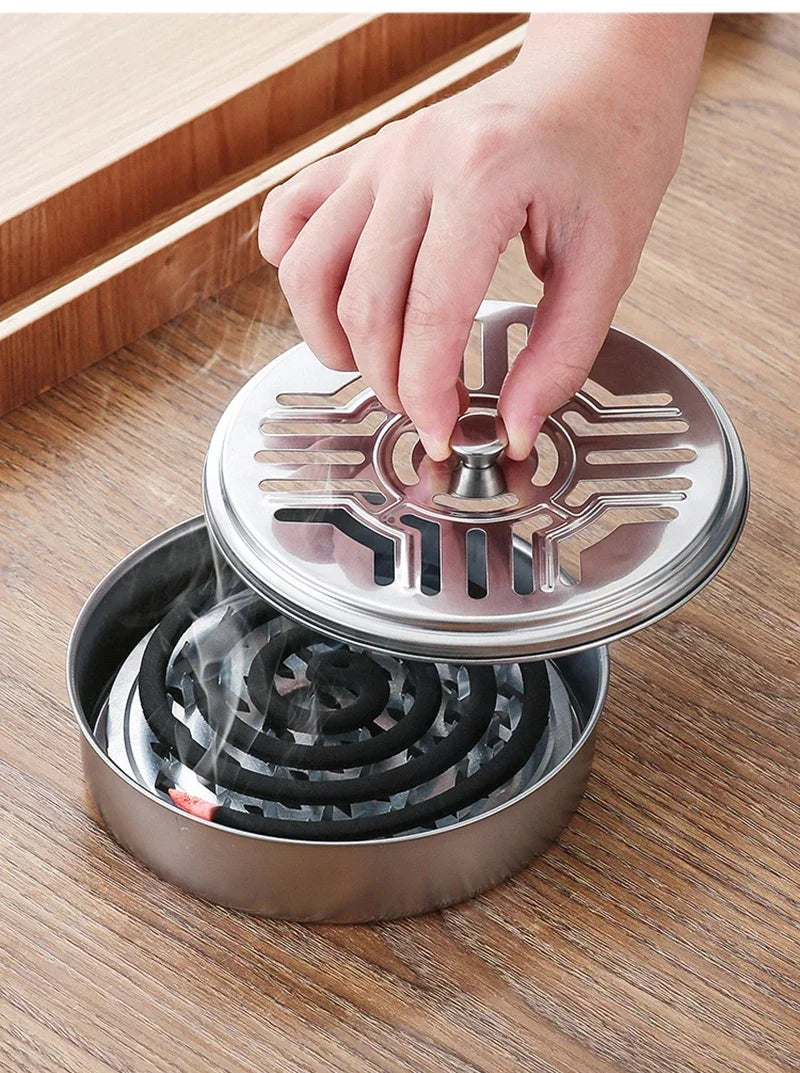 Mosquito Coils Holder Stainless Steel Mosquito Coil Box with Cover Round Mosquito Coil Tray Easy To Clean Anti-Mosquito Supplies