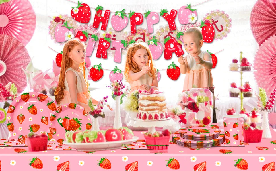 75Pcs Strawberry Birthday Party Plates Napkins Forks Supplies Summer Fruit Tableware Set Strawberry Theme Decoration for Girls