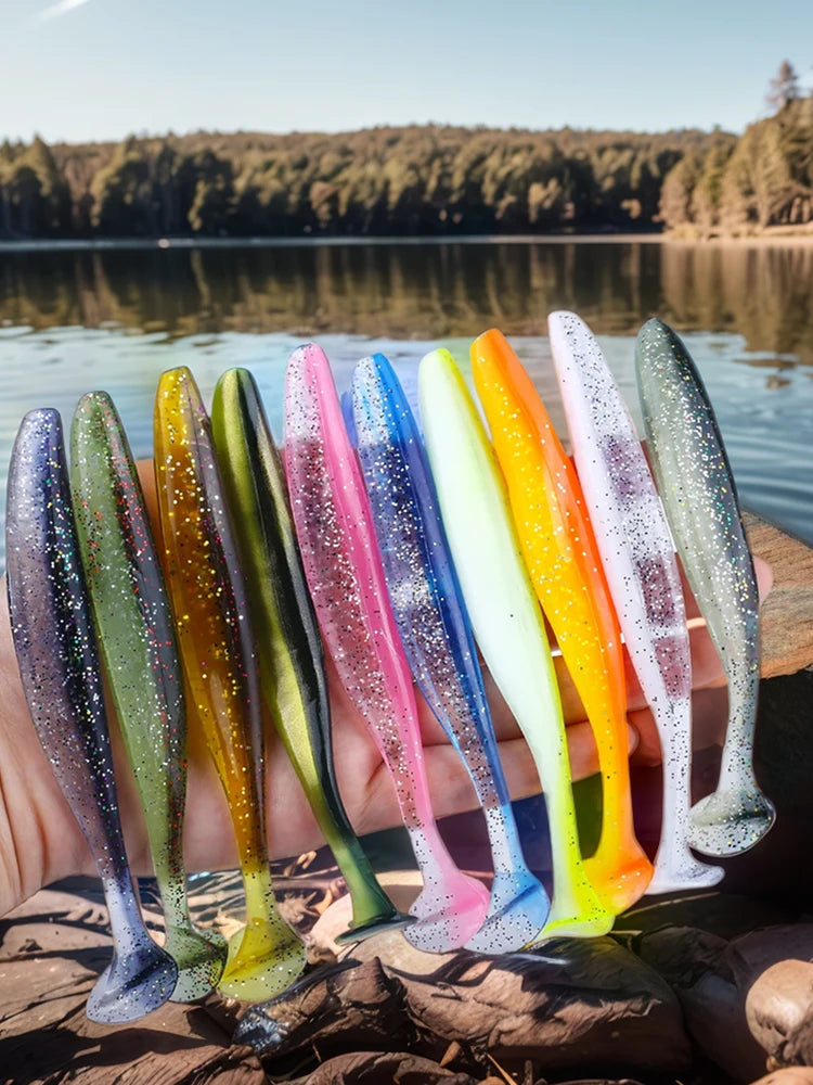 10Pcs 9cm Fishing Lures T Tail Worm Soft Bait Plastic Paddle Tail Swim Baits for Bass Trout Freshwater Saltwater
