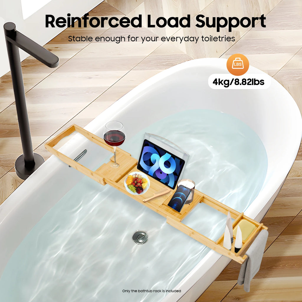 Adjustable Bamboo Bathtub Tray with Wine Glass Holder & iPad Slot, Waterproof Bath Caddy for Relaxation, Reading, Wine Time