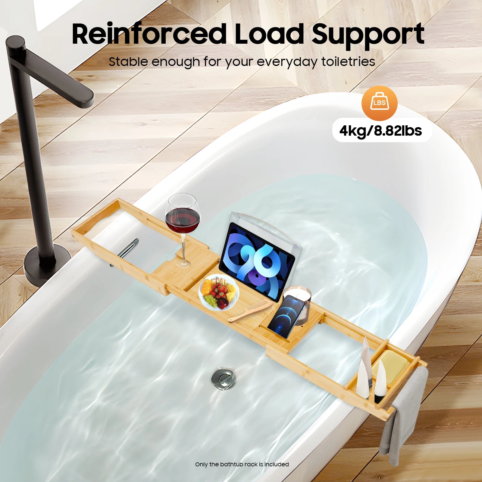 Adjustable Bamboo Bathtub Tray with Wine Glass Holder & iPad Slot, Waterproof Bath Caddy for Relaxation, Reading, Wine Time