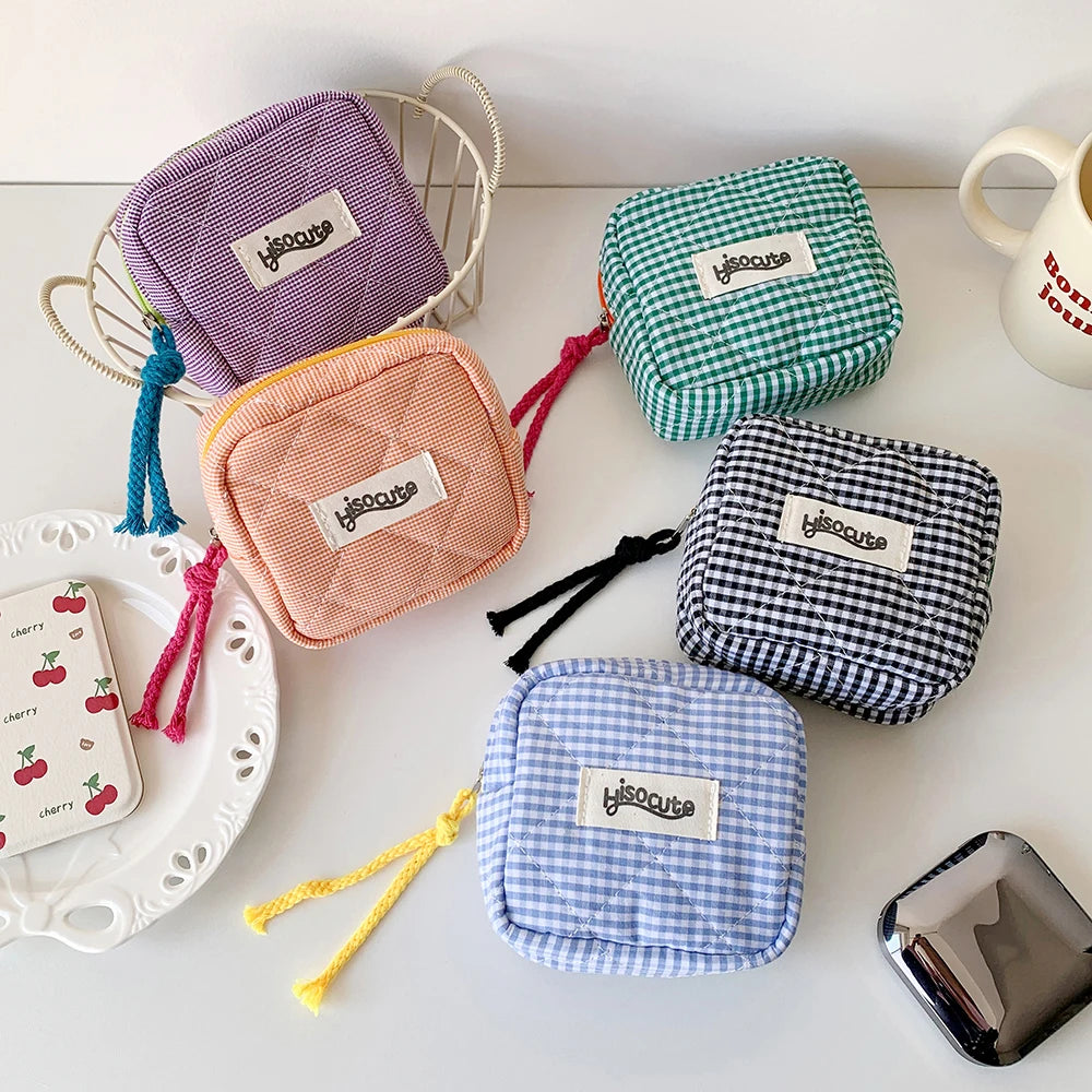 Ins Style Plaid Mini Coin Purse Portable Cosmetic Storage Bag Lady's Lipstick Bag and Card Holder Kawaii Tofu Pillow Bag