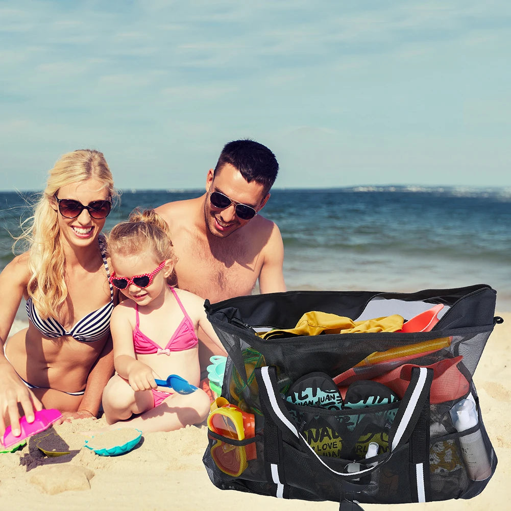 Mesh Swimming Bag Sandproof Bottom Foldable Summer Pool Bag 8 Pockets Beach Handbag Zipper Towel Storage for Travel Vacation