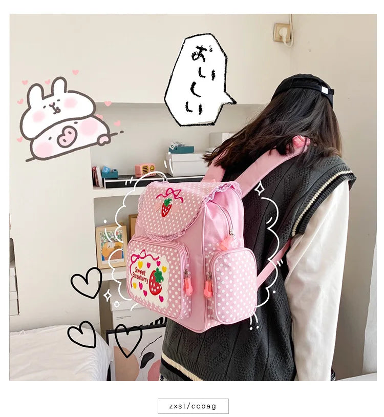 Pink Girl Embroidery Strawberry Children's Schoolbag Student Birthday Gift 2026 New Japanese Cartoon Pink Backpack Book Bags