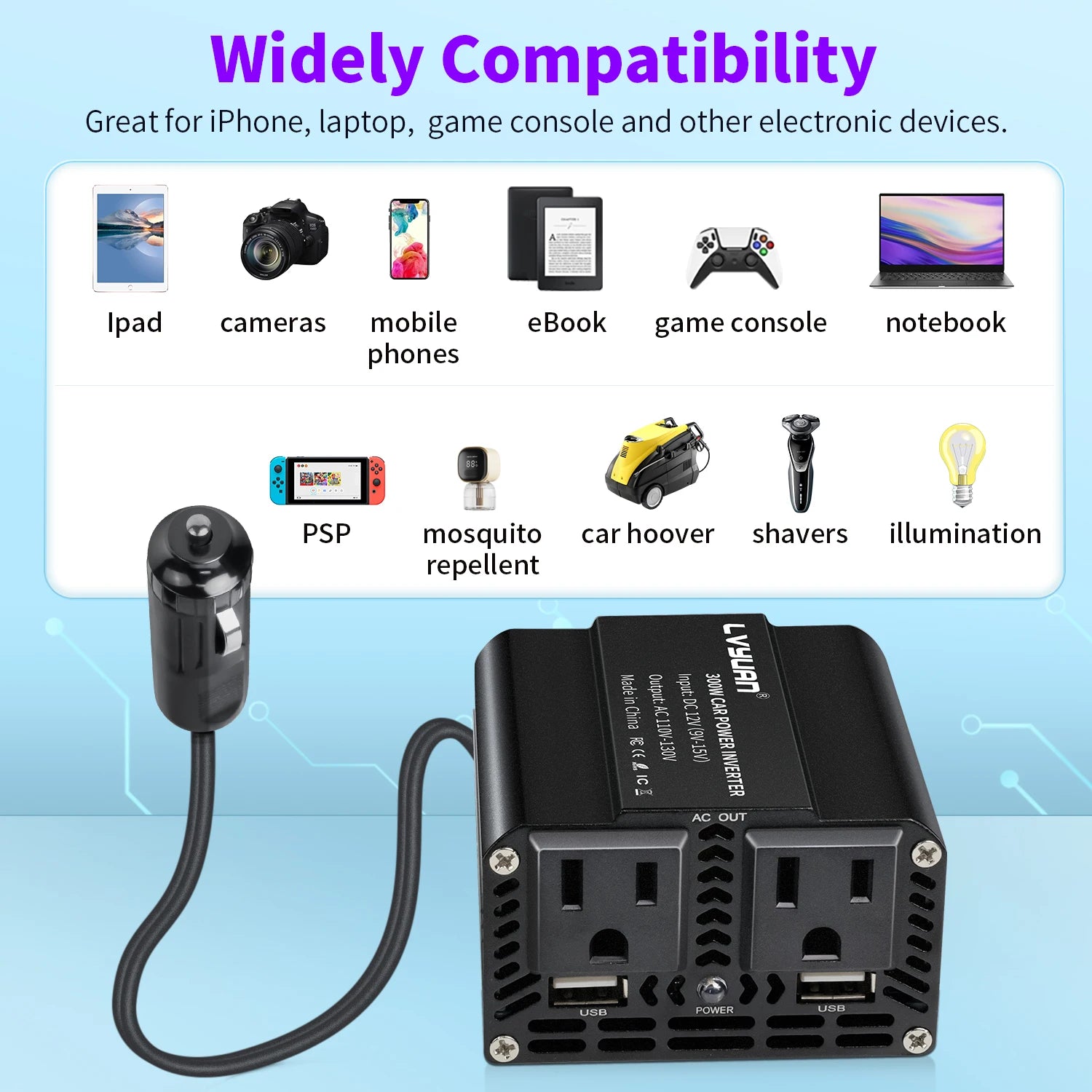 Inversor de Corriente Foval 300W | DC 12V a AC 110V/220V | Dual USB | Cargador Coche | Enchufe EU/US - Firu Total Sales