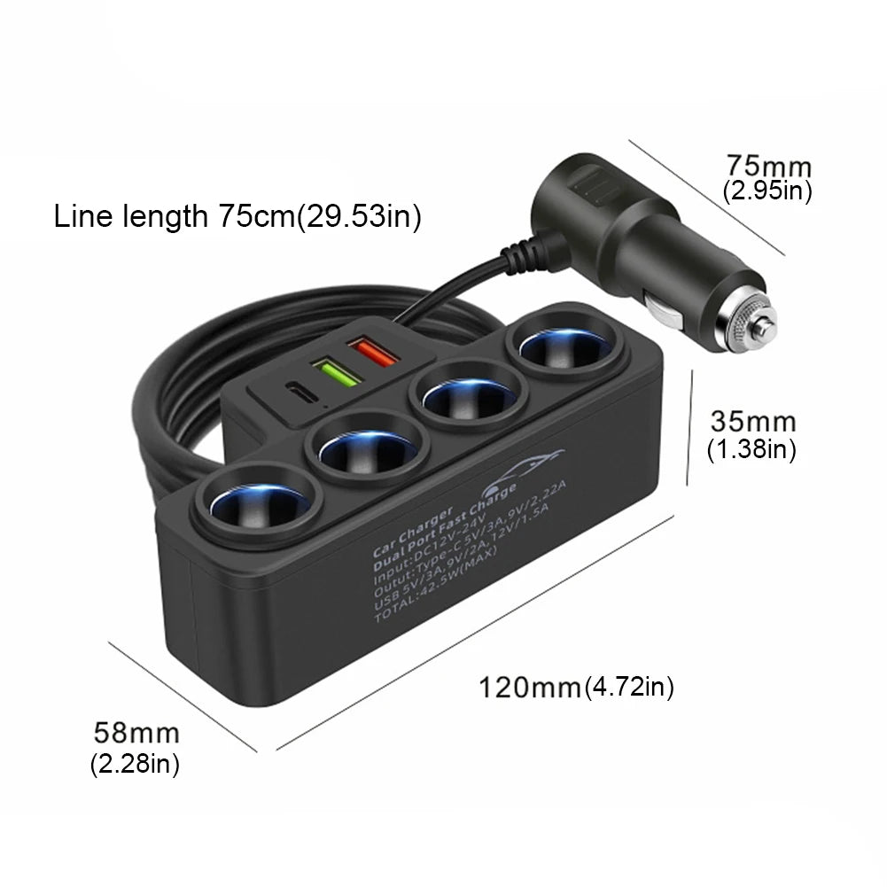 Phone Power Adapter QC3.0+PD 3.1A 120W Car Cigarette Lighter Socket Splitter Plug 4-Socket 3 USB Ports USB Phone Charger Adapter