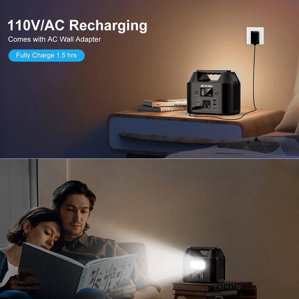 SinKeu E150 Estación Eléctrica Portátil 150W | 122.8Wh LiFePO4 | Solar | AC 110V | Linterna LED | Camping y RV