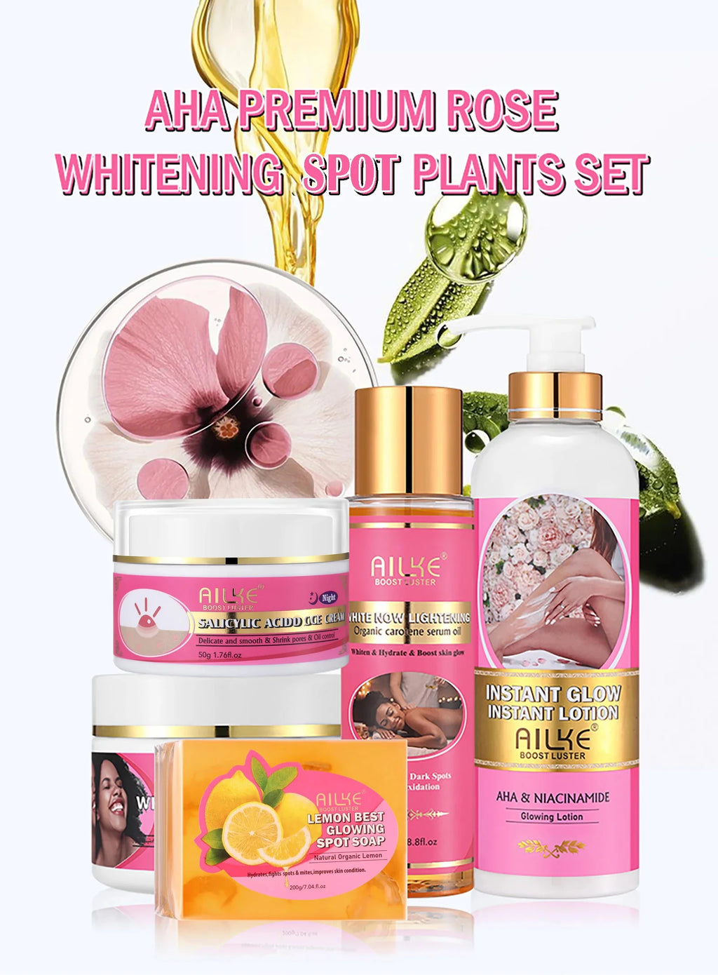 AILKE AHA Organic Skin Brightening Set, Whitening Lotion, Remove Dark Spots, Acne, Cleaning, Moisturizing, for All Skin Types