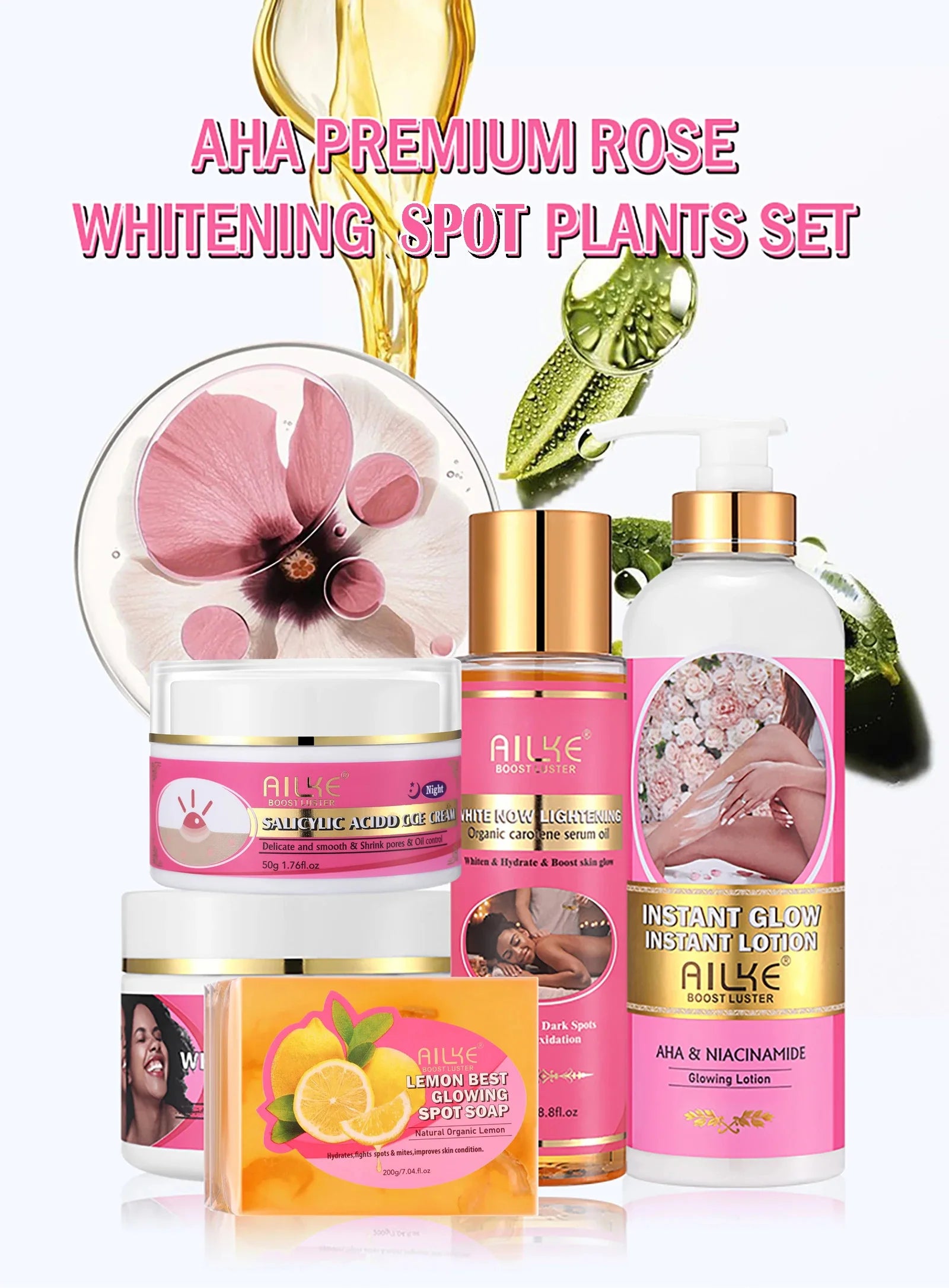 AILKE AHA Organic Skin Brightening Set, Whitening Lotion, Remove Dark Spots, Acne, Cleaning, Moisturizing, for All Skin Types