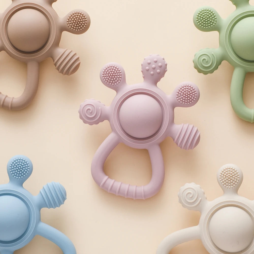 BPA Free Silicone Baby Teether — Sensory Rattle + Hand Bell | 0-12 Months