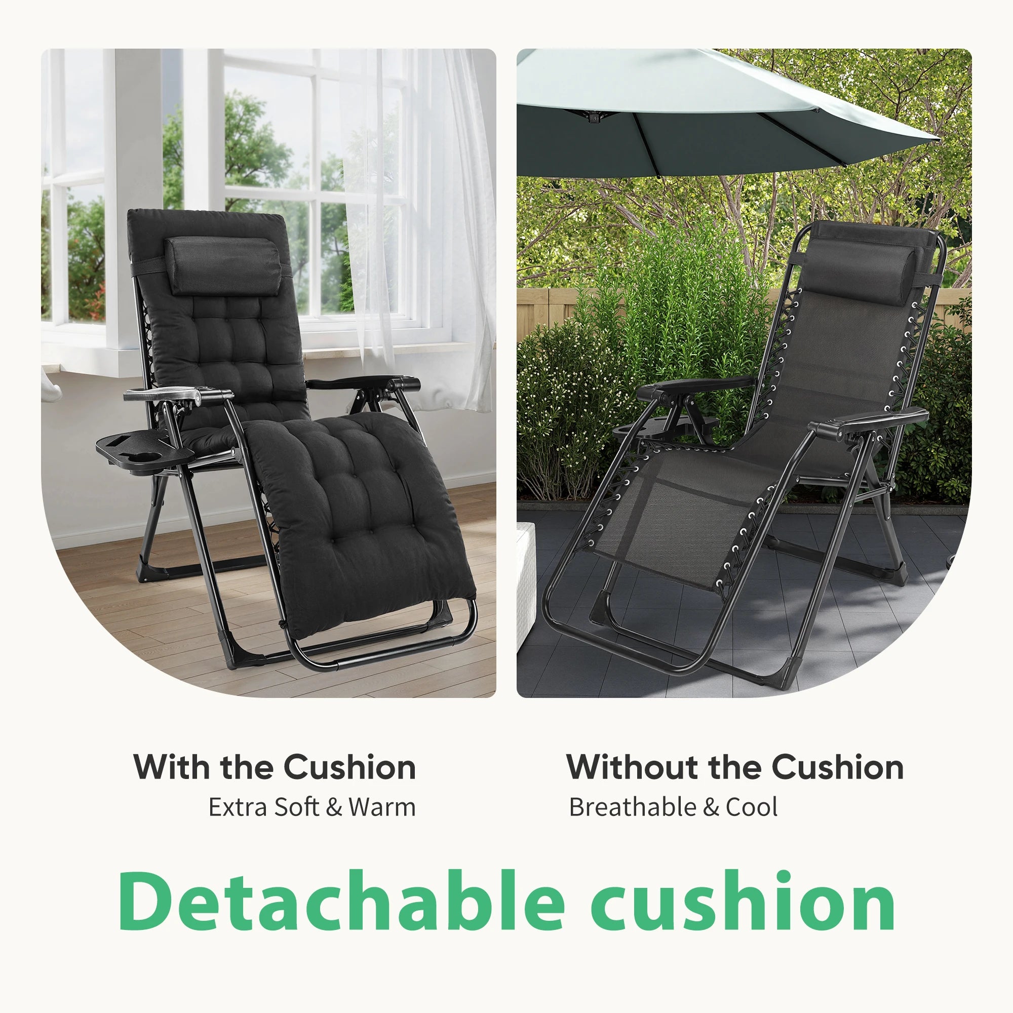JHK Zero Gravity Recliner Camping Patio Lounge Chair Folding Portable with Cup Holder Trays Removable Cushion For Outdoor Garden