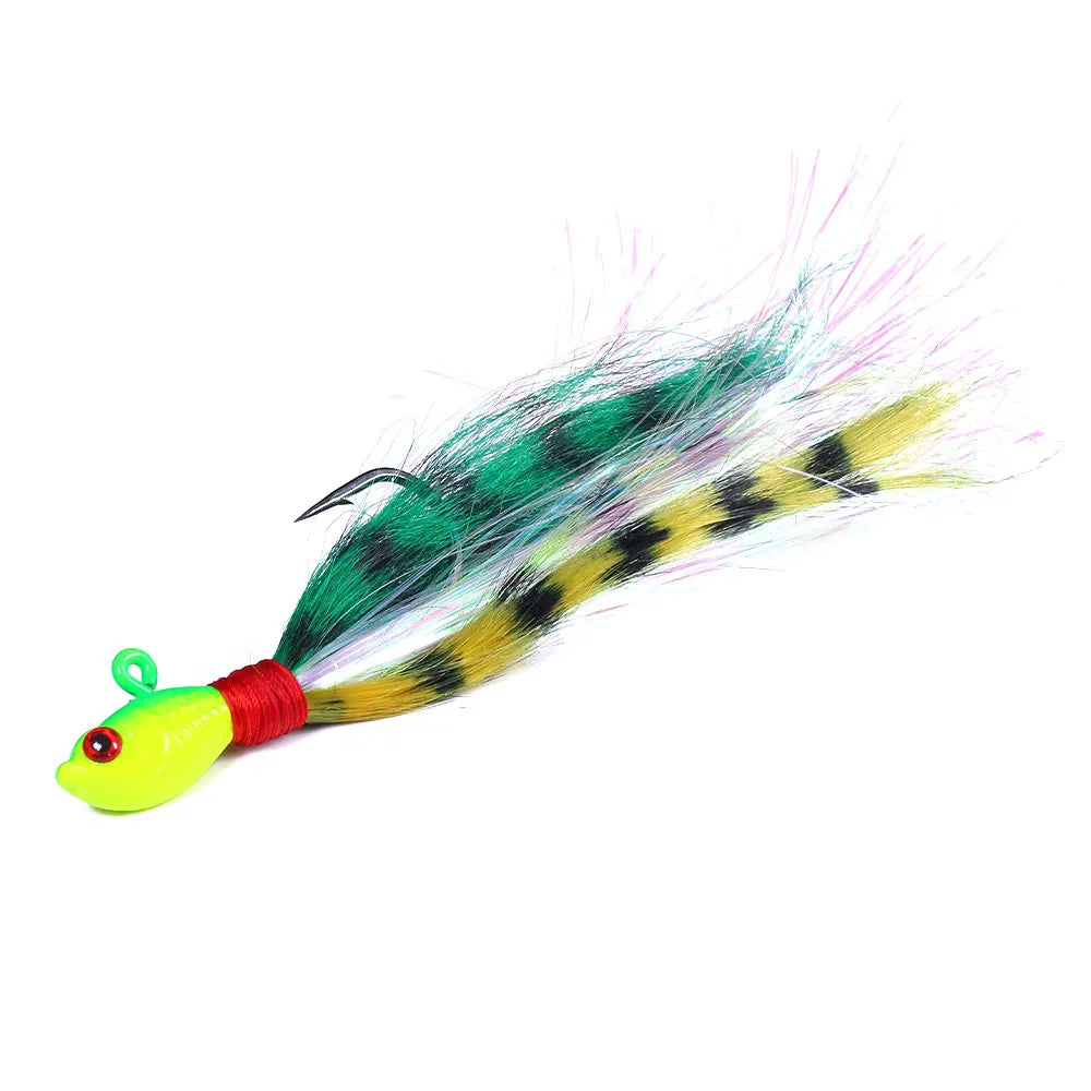 6PCS Bucktail Jigs Head Hook 3D Eyes Bait 7g 10g 21g 42g Deer Hair Feather Hook Beard Jigging Lure Fishing
