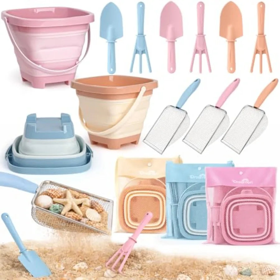 Set de Juguetes de Arena para Playa - 3 Cubetas Plegables con Pala y Bolsa de Malla