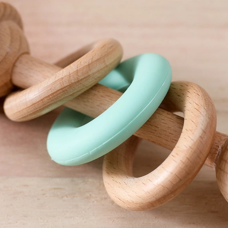 Wooden Rattle Silicone Ring — Sensory Baby Toy | 0-12 Months Gift