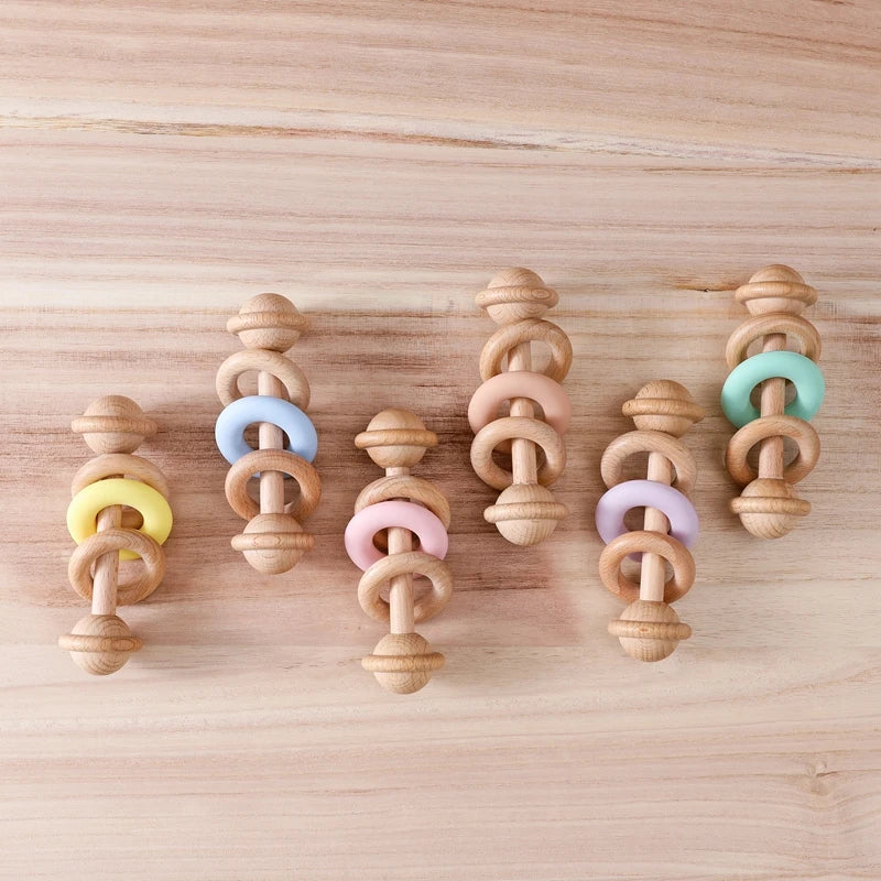 Wooden Rattle Silicone Ring — Sensory Baby Toy | 0-12 Months Gift