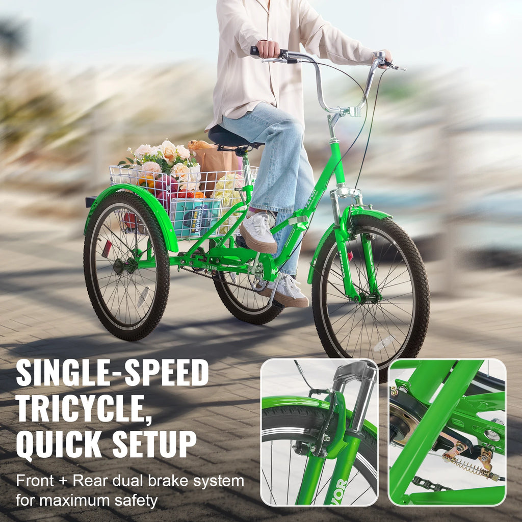 SucceBuy 20/24/26-Inch Folding Adult Tricycle Carbon Steel 3 Wheel Cruiser Shopping Picnic Foldable For Women Men  Seniors