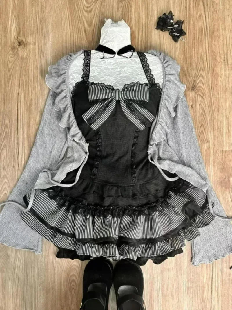 Sweet Lolita Early Autumn Three Piece Set Lace up Ruffles Cardigan Sexy Slim Fit Strapless Vest Tops High Waist Ruched Skirts