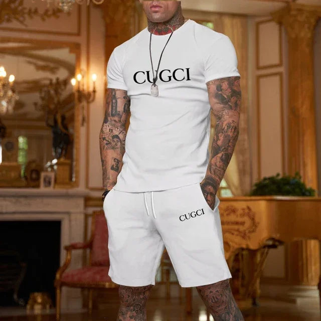 2026 summer T-shirt shorts short sleeved two-piece men's casual sports suit fashionable casual trendy clothing