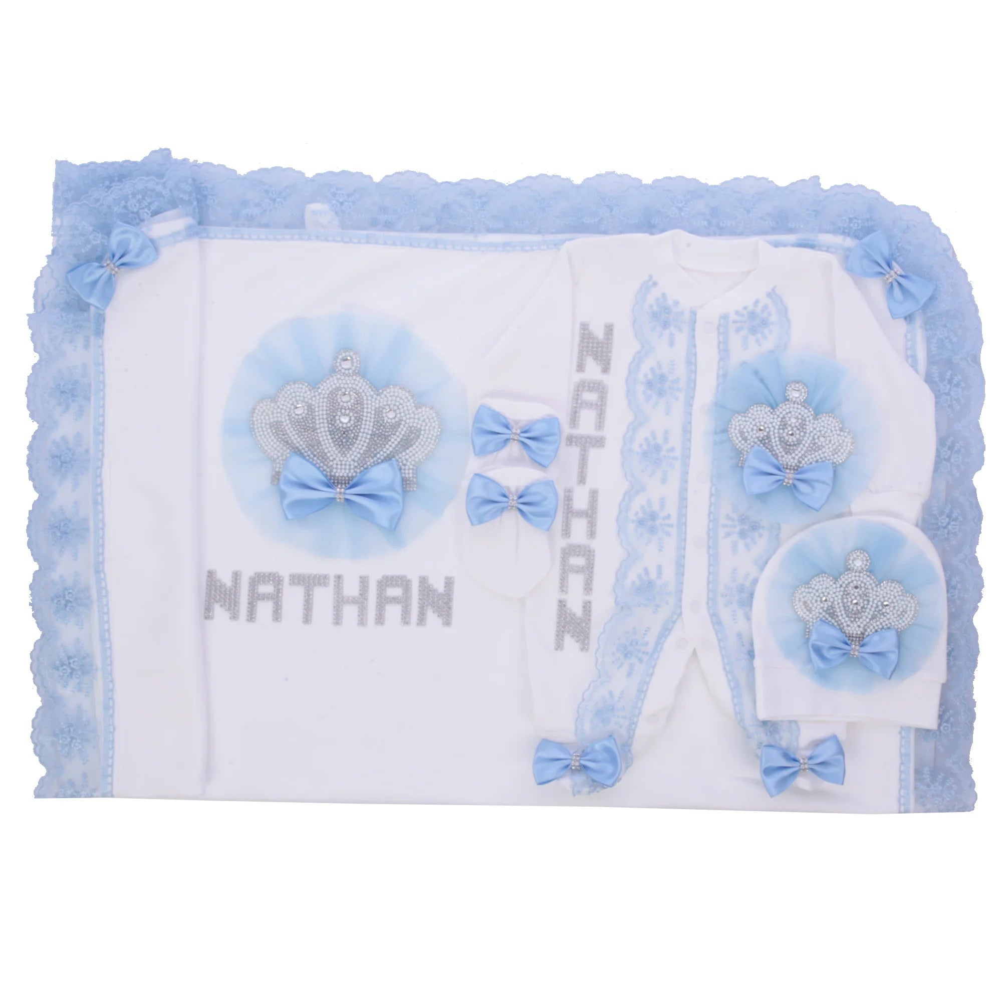 Customized Name Newborn Baby Boss Embroidery Lace Romper Outfit Infant Wrapped Baby Products Pants Mittens Receiving Blanket