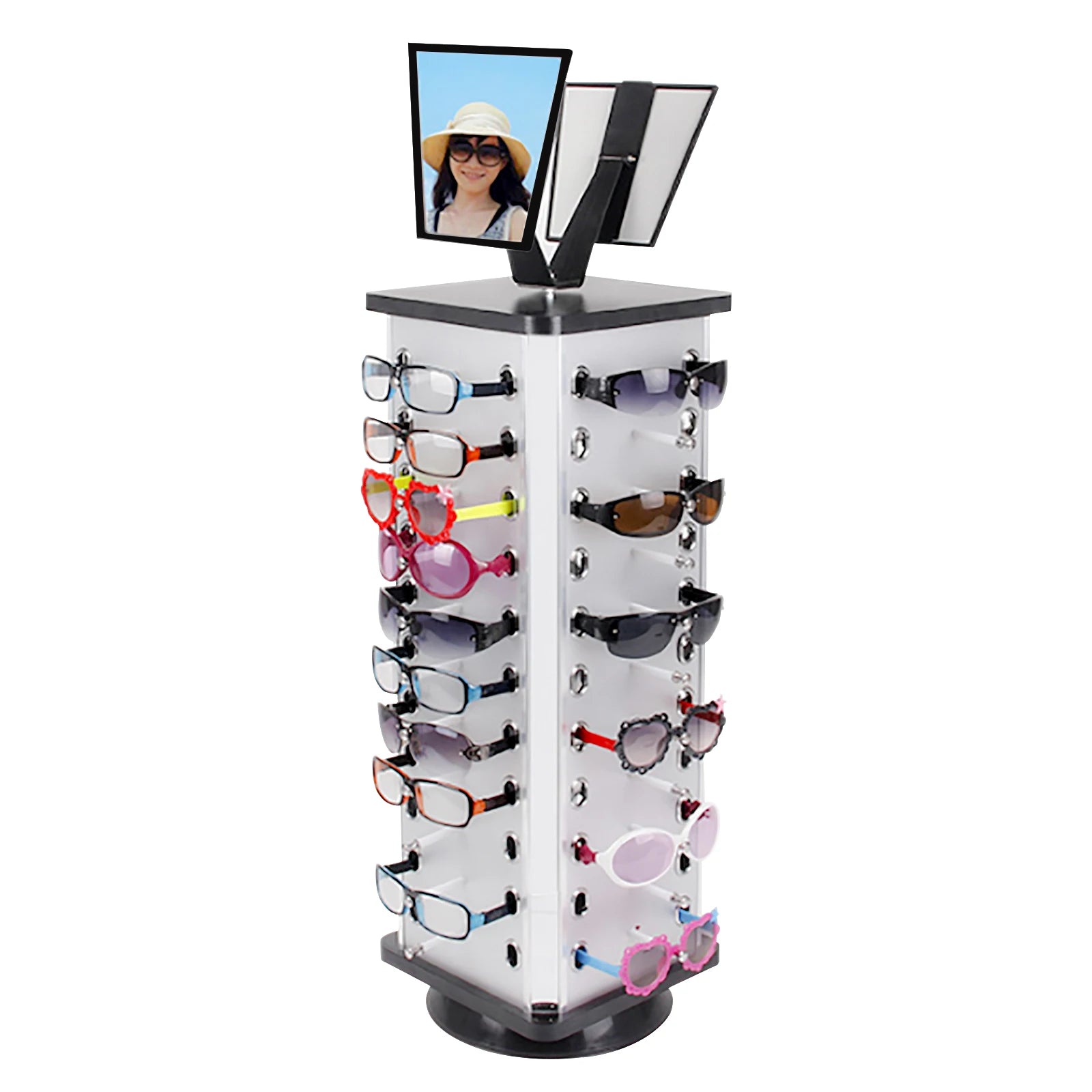 44 Pairs Rotating Eyeglasses Display Stand with 2 Mirrors 86cm Large Capacity Freestanding Sunglass Holder for Shops
