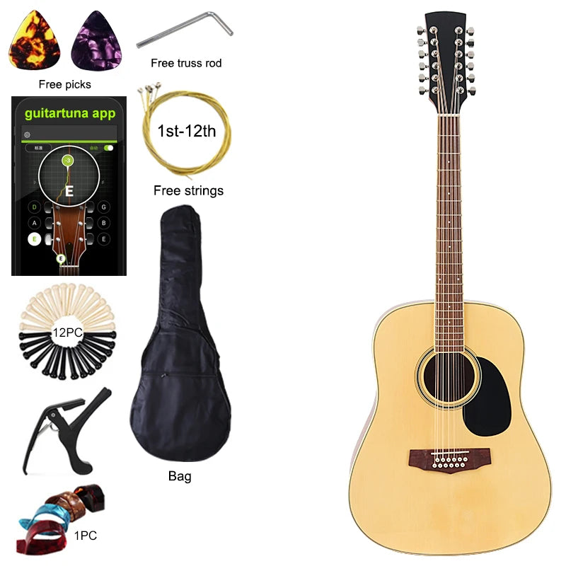 Guitarra Acústica de 12 Cuerdas 41" | Madera Spruce | Diseño Folk | Negro y Natural 🎸