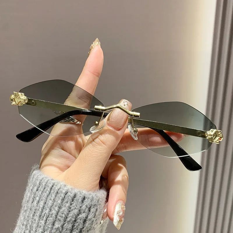 Trendy Rimless Polygonal Sunglasses Stylish Gradient Lens Metal Shades Eyewear Luxury Brand Small Vintage Sun Glasses