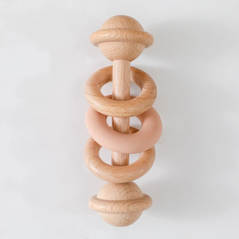 Wooden Rattle Silicone Ring — Sensory Baby Toy | 0-12 Months Gift