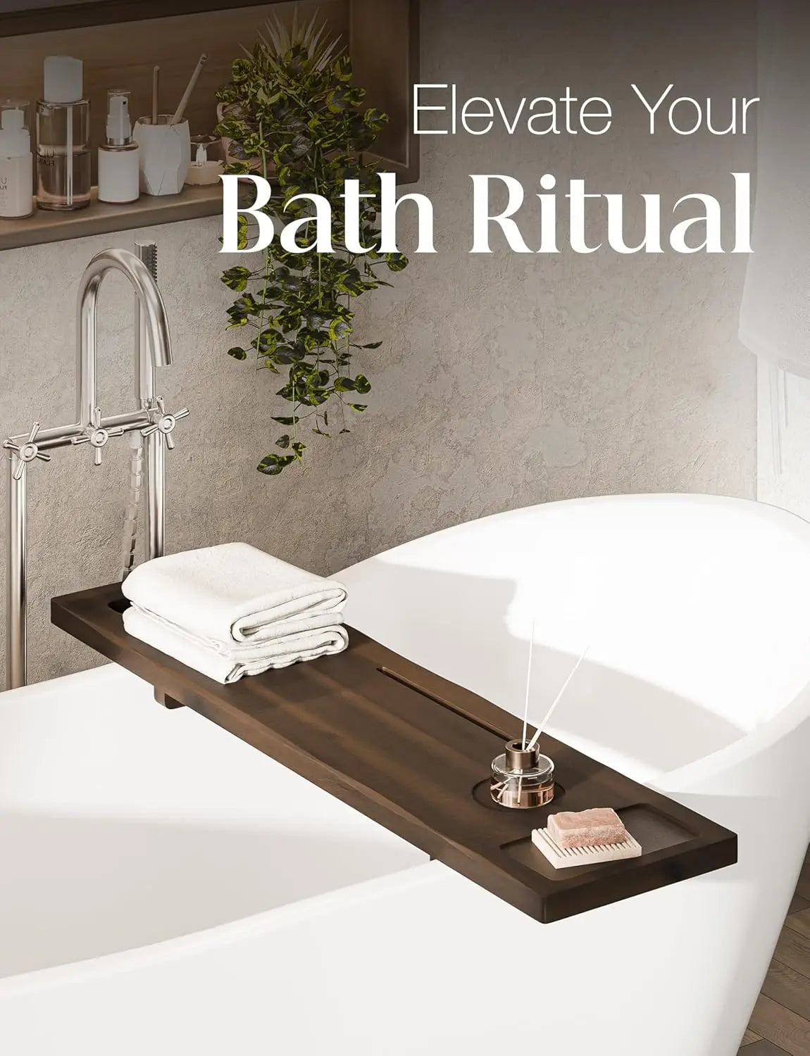Acacia Bathtub Tray Caddy with Adjustable Legs - Bath Tub Tray for Freestanding Tubs - 39x9.75 Inch Large Wooden Anti-Ti