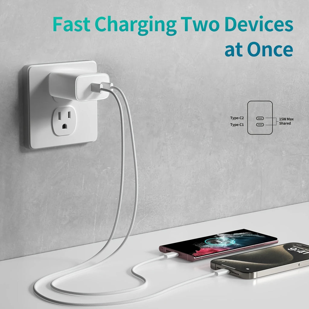 Fast Charger Block PD20W Power Adapter Dual Type C Port Cube for iPhone 15 Series(2Pack 6ft USB-C to C Charging Cables Included) - Firu Total Sales