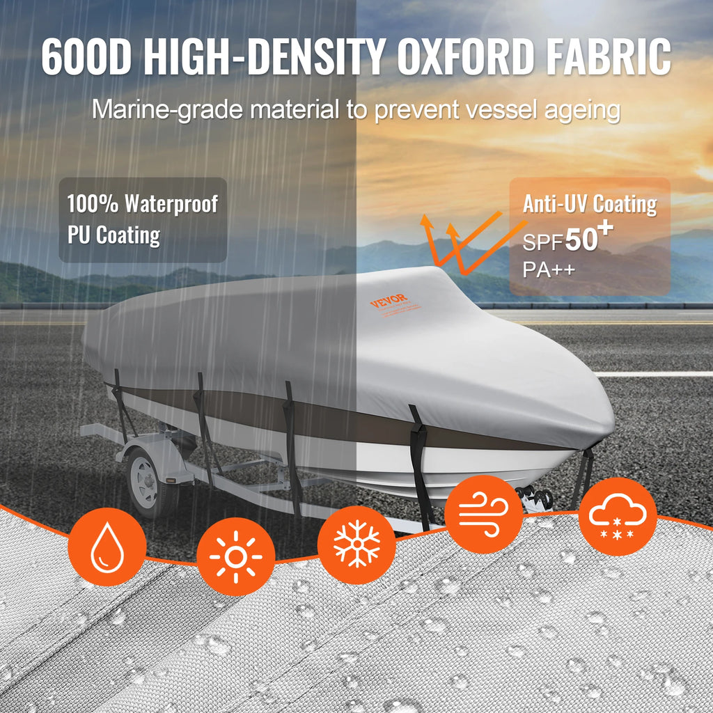 SucceBuy Boat Cover Trailerable Waterproof with Motor Cover Buckle Straps for V-Hull Tri-Hull Fish Ski Boat Runabout Bass Boat