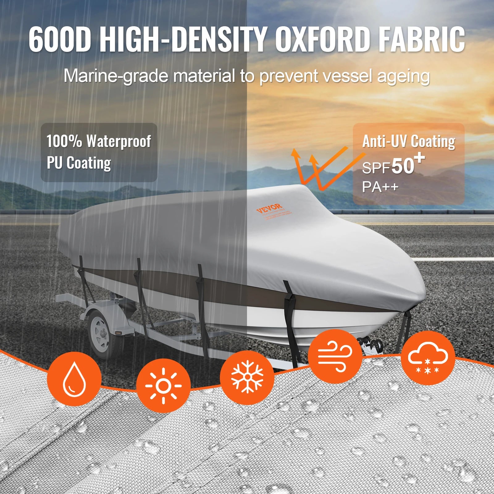 SucceBuy Boat Cover Trailerable Waterproof with Motor Cover Buckle Straps for V-Hull Tri-Hull Fish Ski Boat Runabout Bass Boat